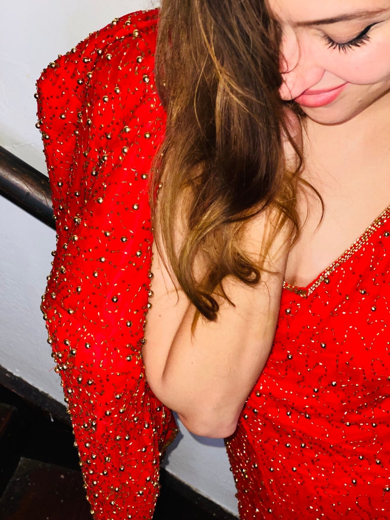 Vintage 80s red sequin beaded silk gown and jacket