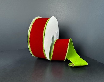 Double-Sided Velvet Ribbon Red & Lime | Wired 1.5" or 2.5" | 10 Yard Roll | Christmas Bow Ribbon | Holiday Wreath and Gift Decor