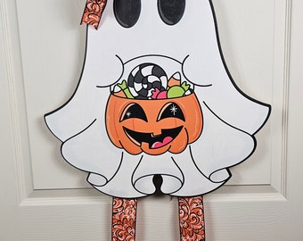 Large Ghost Door Hanger with Legs, Trick or Treat Halloween Sign, 36” Halloween Porch Decor,