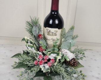 Christmas Bottle Bouquet for CANDLE or WINE, Festive Arrangement with Pine Cones Berries for Centerpiece, Gift for Wine Lover Secret Santa