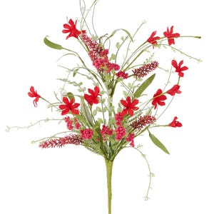 May include: A vibrant artificial floral arrangement featuring bright red flowers, small red berries, and various green foliage. The bouquet has a green stem and is set against a white background. This decorative piece is suitable for home decor.