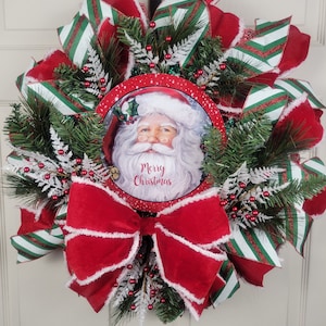 Traditional Santa Claus Wreath for our Front Door, Christmas Wreath with Santa Claus,  Thin Wreath for your Front Door