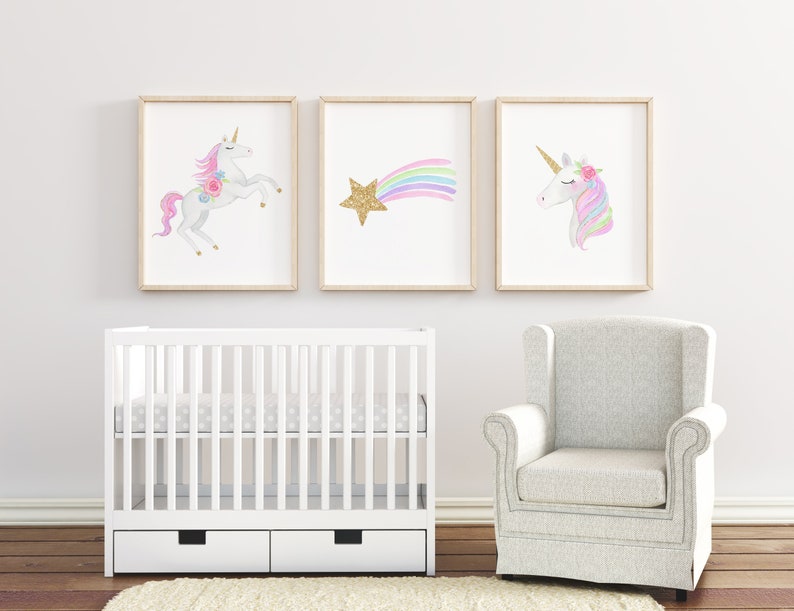 Set of 3 Unicorn Wall Art Printables Girls Room Wall Art image 0