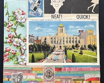 Collage d'arte originale "Un viaggio in biblioteca" Mosaico di pezzi di riviste vintage per bambini Illustrazioni MCM moderne di metà secolo Viaggi