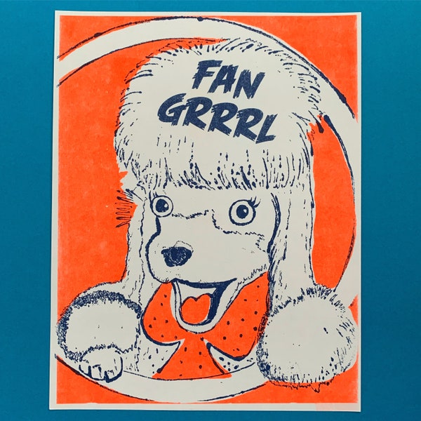 FAN GRRRL Risograph Print Riso Risoprint 8.5" x 11" Dog Poodle Wide-Eyed Stoked Art