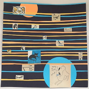 Original Art Collage Trying to Reach You Dogs Cat Abstract Vintage Children&#39;s Art
