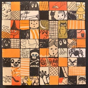 Original KunstCollage "Boo!" Halloween Fliesen Mosaik Horror Kitsch Vintage Kinderzeitschriften Mid Century Modern MCM Illustrationen