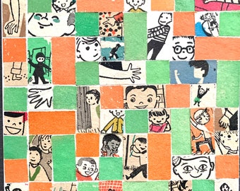 Original Collage "Hey Kid!" Tiled Mosaic of Tiny Bits from Vintage Children's Magazines Mid-Century Modern MCM Illustrations