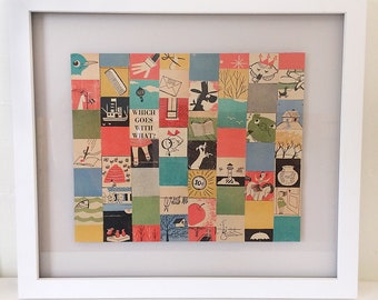 May include: A framed collage of colorful illustrations with the text "Which goes with what?" in the center. The collage is made up of small squares with various images, including a bird, a comb, a hand, a star, a crown, a house, a pig, a book, a lighthouse, an apple, and a fish.