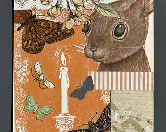 Collage d'arte originale "The Hideaway" Coniglio astratto Coniglio Fiori Natura floreale Riviste vintage per bambini Art