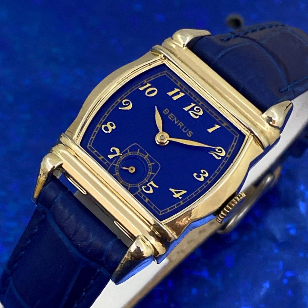 Vintage 1950's Man's BENRUS Stunning Blue Dial Fancy Case Serviced