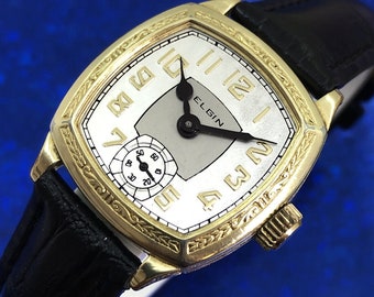 Vintage 1920s Mans ELGIN USA Stunning Two Tone Silver Dial Serviced & Warranty