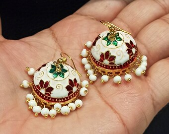 Wedding Jhumkas Earrings Traditional Indian Earrings SEA GREEN-RED Enamel Jhumkas Earrings,Meenakari Jaipuri Earrings