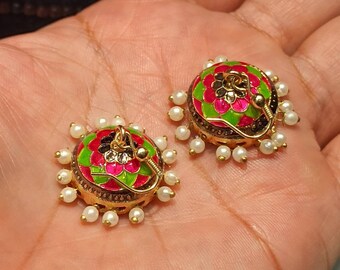 Wedding Jhumkas Earrings Traditional Indian Earrings SEA GREEN-RED Enamel Jhumkas Earrings,Meenakari Jaipuri Earrings