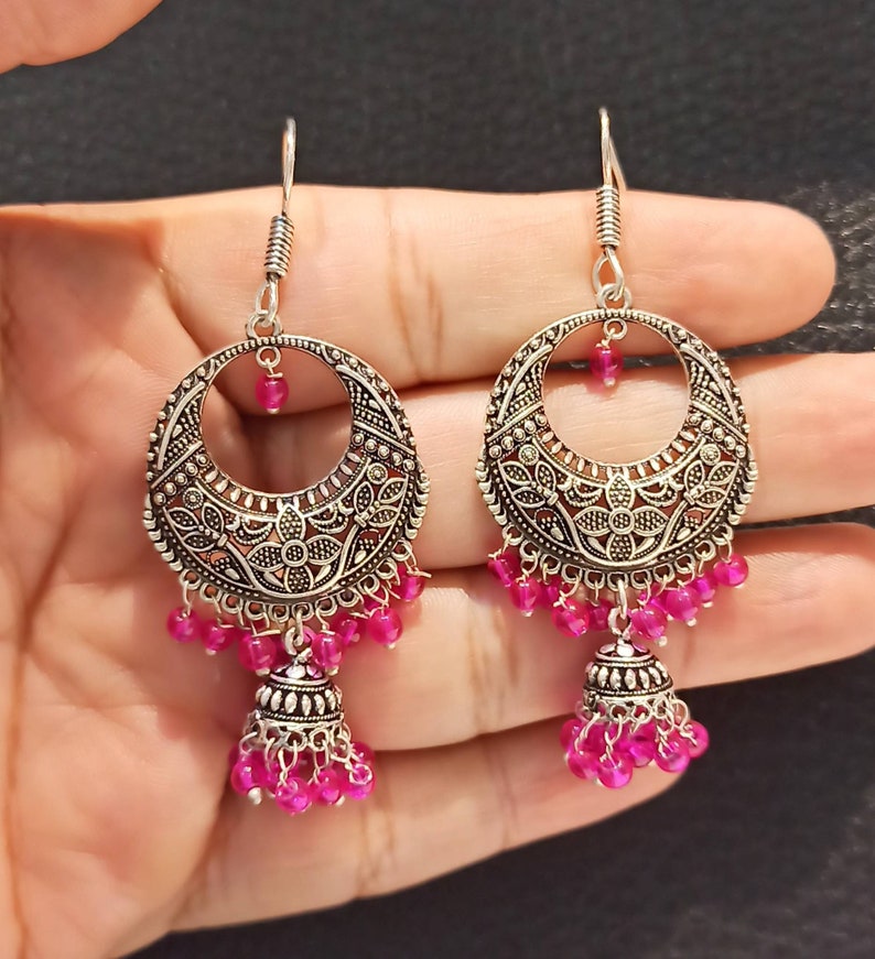 Jhumkas Earrings Bollywood Oxidized Earrings,Pink Beads Indian Oxidized Jhumkas Earrings,Ethnic Earrings,Oxidized Earrings