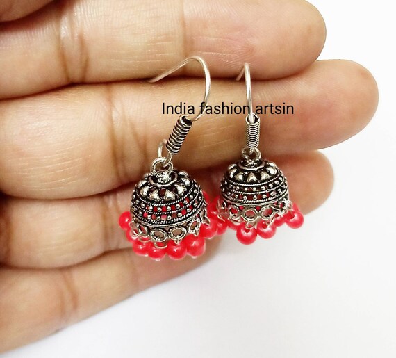 Oxidized Jhumka Earrings: Indian Silver Plated Red Bead Jhumkas