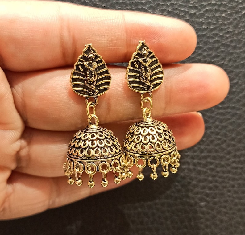 Trendy Krishna Indian Golden Copper Jhumkas Earrings Antique Golden Look Oxidized Earrings Handmade Oxidized Earrings Temple Jhumka Weddings Jewelry Drv Rennrutschen Com