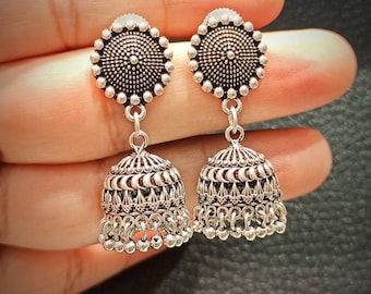 Indian Traditional Bollywood Silver Oxidized Kashmiri Jhumka - Foto 5