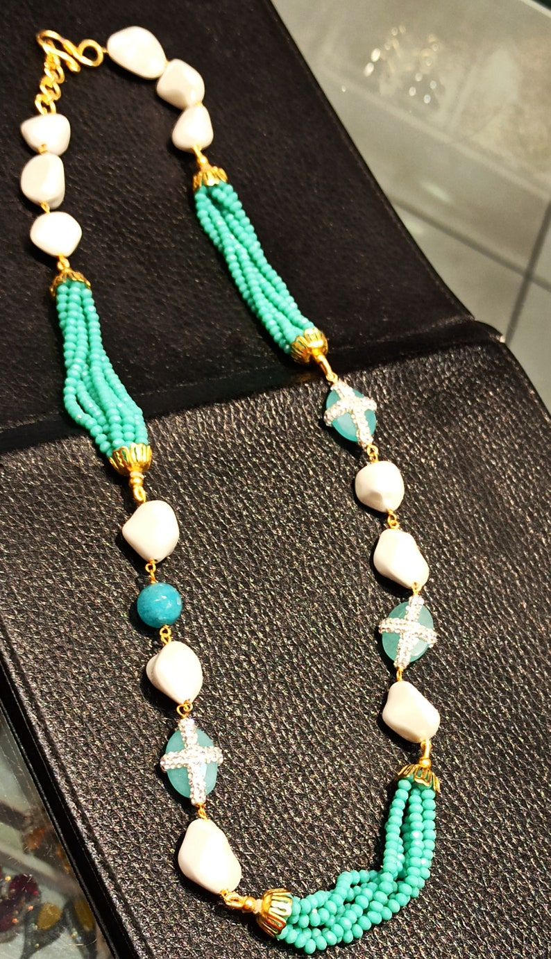 ethnic coated mother of pearl necklace set Handmade beads necklace. Sea green necklace