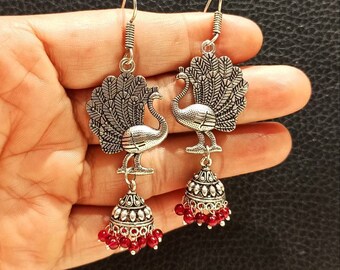 Peacock Trendy Oxidised Danglers/Handmade Silver Plated Earrings/Ethnic Indian Oxidised Earrings