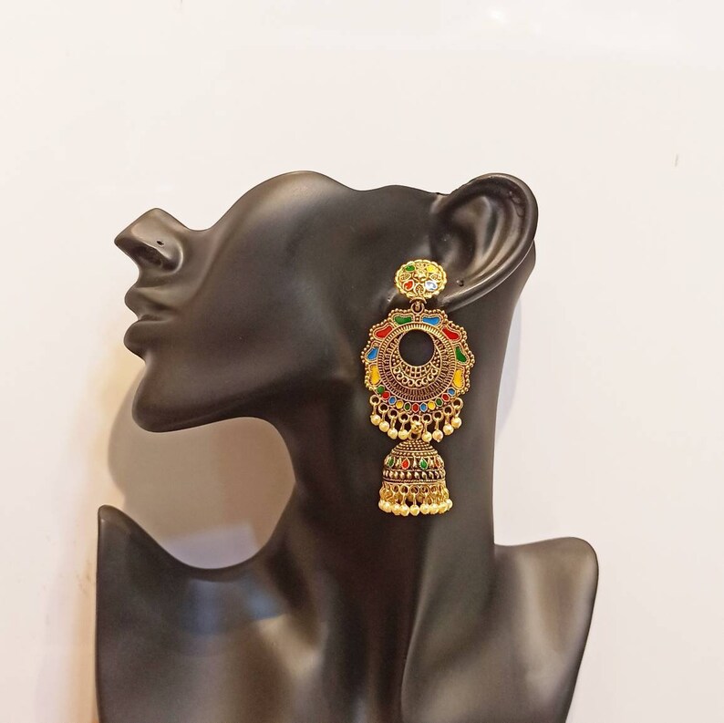 Handmade Earrings Anniversary Earrings Bollywood Golden Earrings wedding Chandbali,Traditional Earrings Indian Earrings