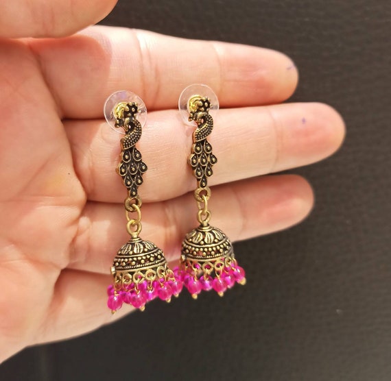 Wonderful OffWhite and Pink Meenakari Work & Pearls Copper Small Jhumka  Earrings - South India Jewels