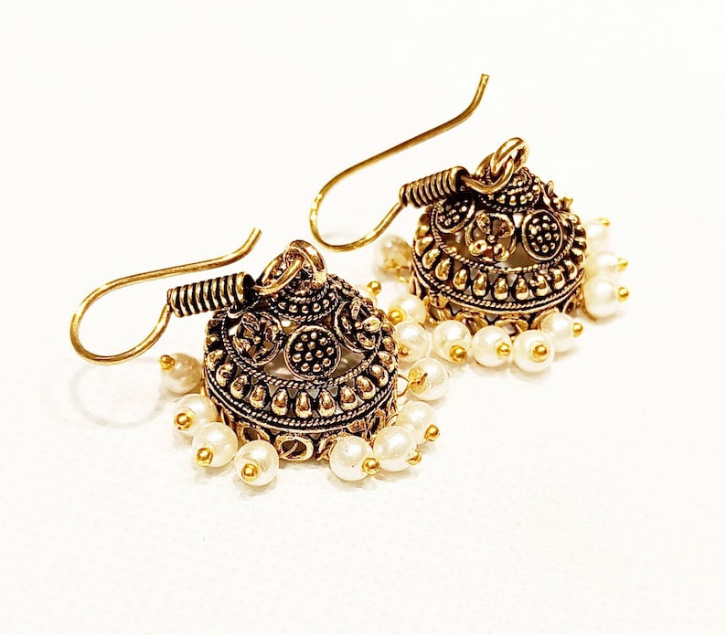 Antique Golden Colour Earrings Traditional Golden Copper Jhumkas Earrings Indian Jhumkas White Colour Beads Jhumkas