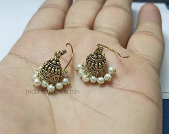 Boho Golden Jhumka Earrings, Oxidized Alloy with White Beads