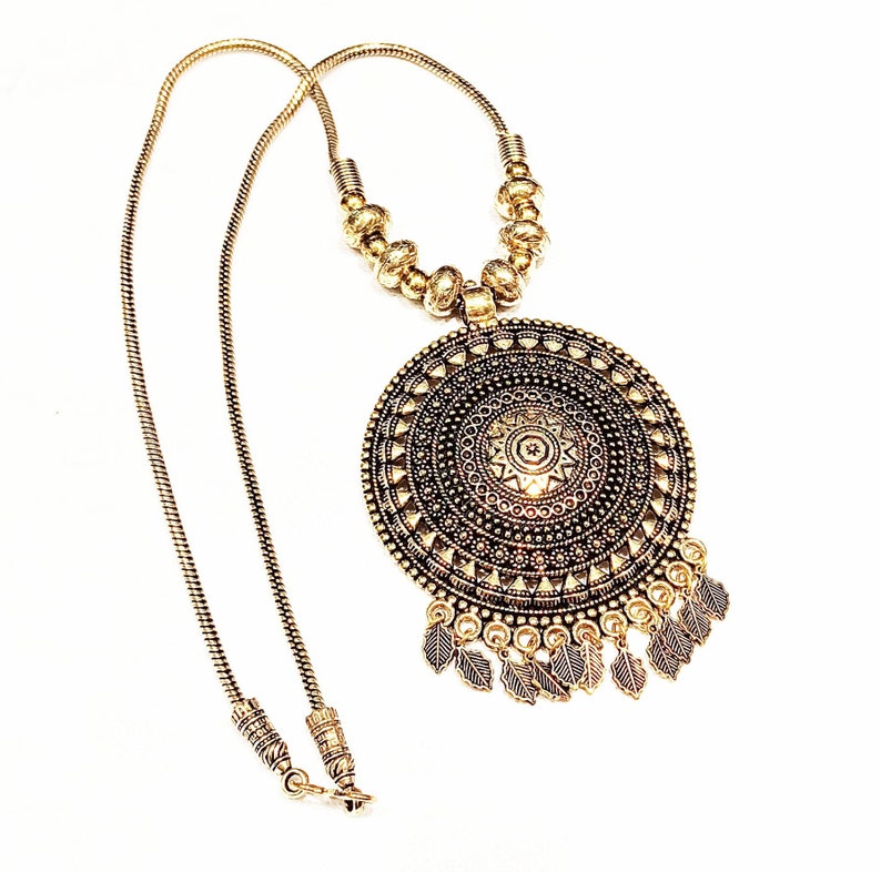 Ethnic Golden Necklace,Antique look Necklace,Traditional Indian Necklace Trendy Indian Oxidized Pendant Chain Necklace