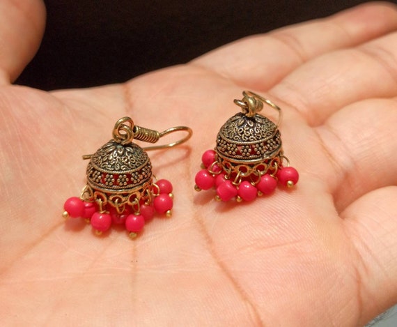 Small Golden Copper Jhumkas Earrings, Red-black Colour Beads Jhumkas,  Antique Golden Colour Earrings, Indian Jhumkas - Etsy