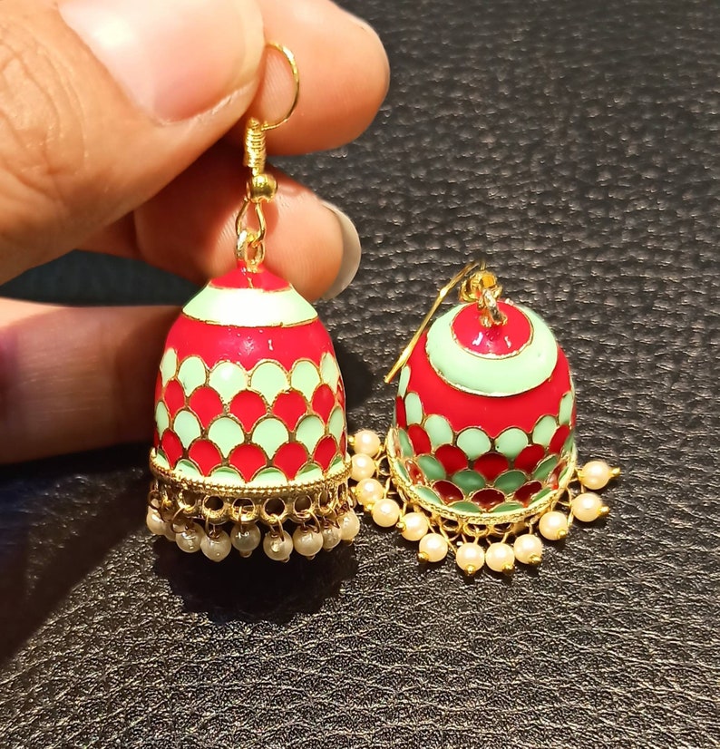 Wedding Jhumkas Earrings Traditional Indian Earrings SEA GREEN-RED Enamel Jhumkas Earrings,Meenakari Jaipuri Earrings