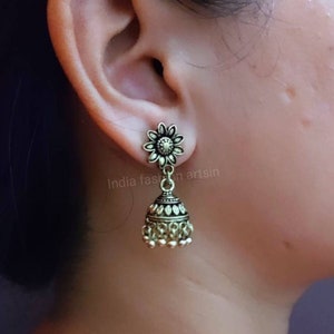 Trendy Indian Golden Copper Jhumkas Earrings,Antique Golden Look Oxidized Earrings,Handmade Oxidized Earrings,Temple Jhumka