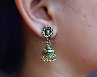 Trendy Indian Golden Copper Jhumkas Earrings,Antique Golden Look Oxidized Earrings,Handmade Oxidized Earrings,Temple Jhumka