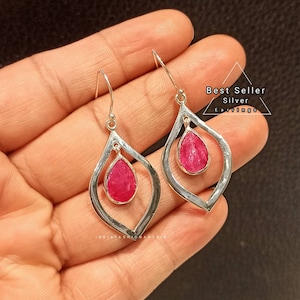 Ruby Silver 925 Earrings/Handmade Solid Silver Earrings/Ruby Dangler/Boho Earrings/Gifts for women/Tribal Earrings