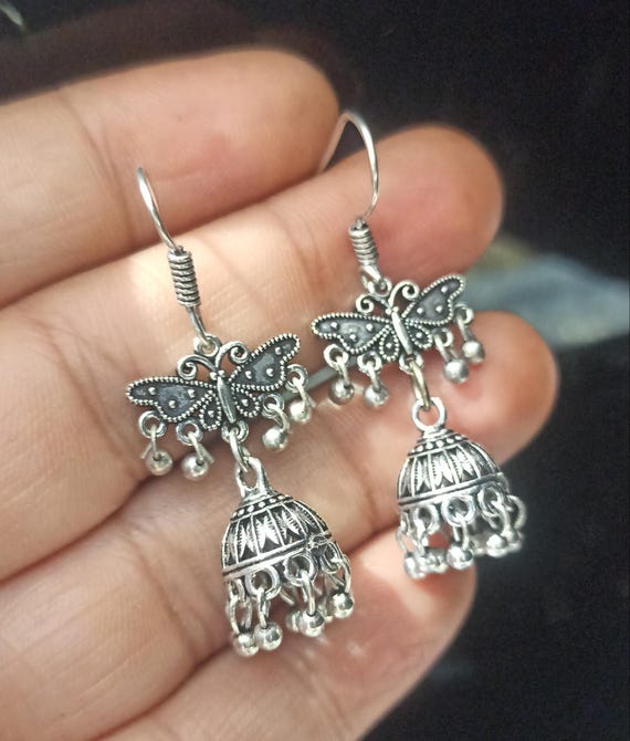 Mini Jhumka Earrings: Oxidized Silver Plated Indian Earrings