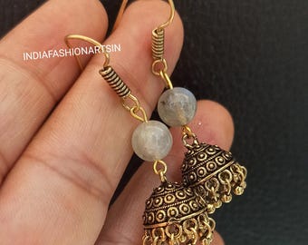 Handmade Labradorite Jhumki Earrings: Brass Ethnic Dangler