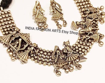 Bride-Groom Palki Oxidized Choker Necklace Set/Traditional Indian Handmade Choker Necklace/