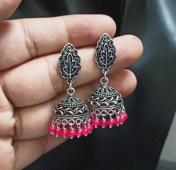 Silver Replica Oxidised Peacock Dangler Earrings With Pearl Beads -  D9creation
