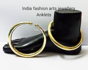 Indian Feet Bracelet Pair, Golden Colour Brass Feet Bracelet,Handmade Traditional Ankle Bracelet,Hansli Rajasthani Anklet Kada