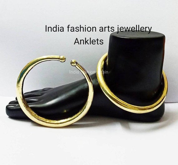 Handmade Gold Brass Ankle Bracelet Pair, Indian Hansli Anklet Kada