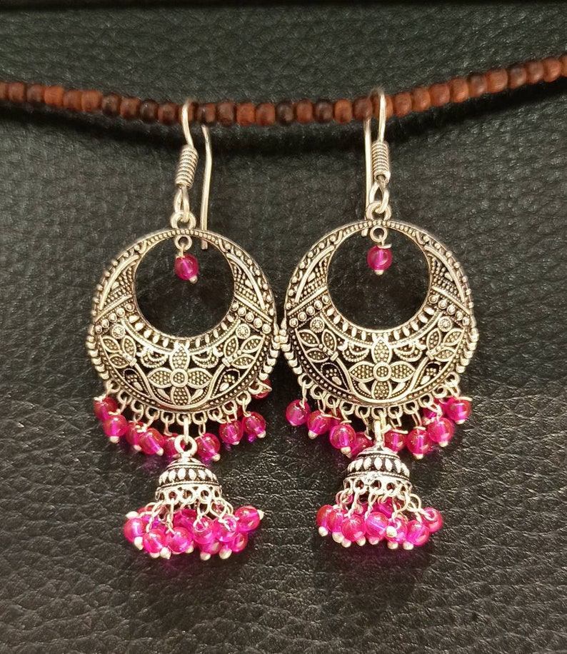 Jhumkas Earrings Bollywood Oxidized Earrings,Pink Beads Indian Oxidized Jhumkas Earrings,Ethnic Earrings,Oxidized Earrings