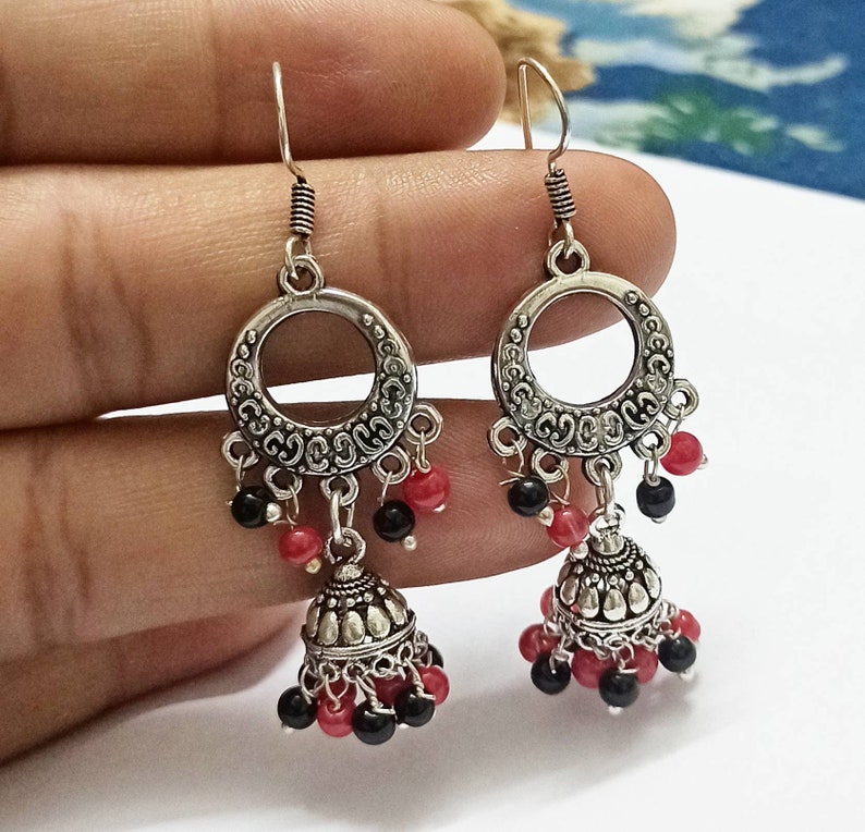 Black-Red Pearls Jhumkas Handmade jhumkas. Silver look Antique Jhumkas Earrings