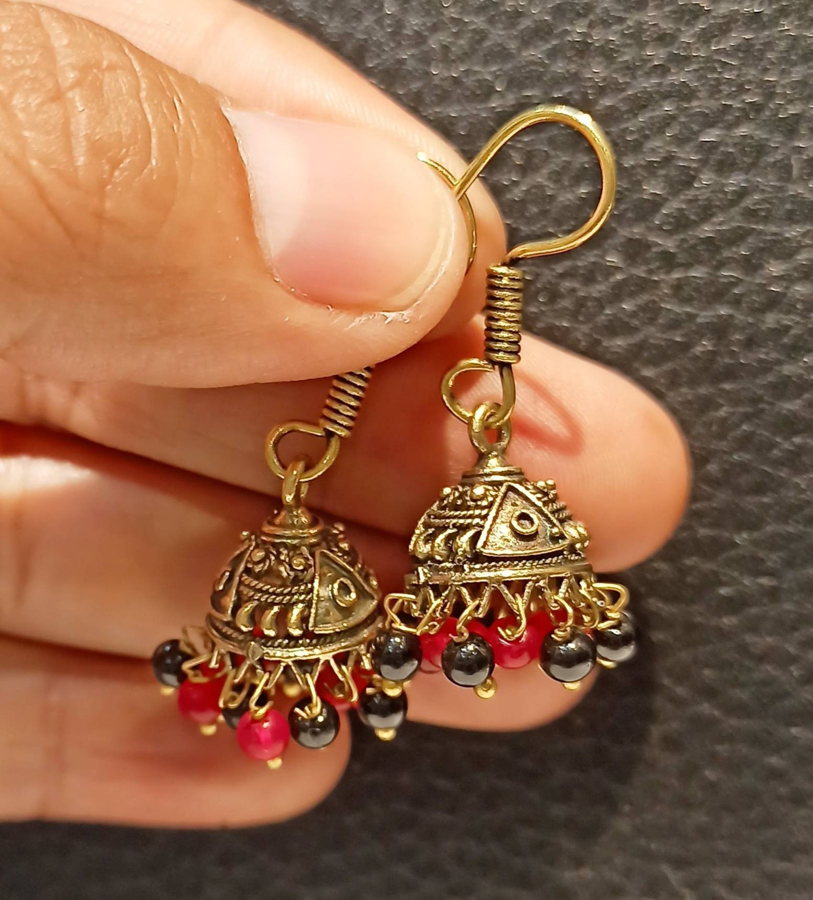 Small Golden Copper Jhumkas Earrings RedBlack Colour Beads Etsy