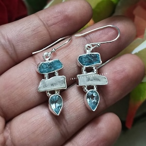 Natural Apatite and moon Stone Silver Earrings/Handmade Silver Earrings/Earrings for women/Natural Apatite Gem Stone Earrings/Gift for her
