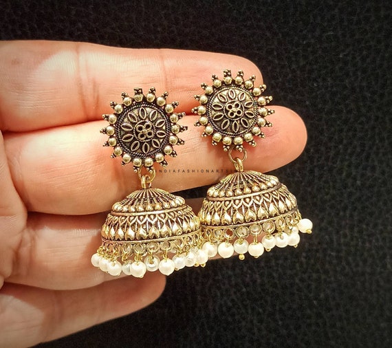 Golden oxidized jhumka deals