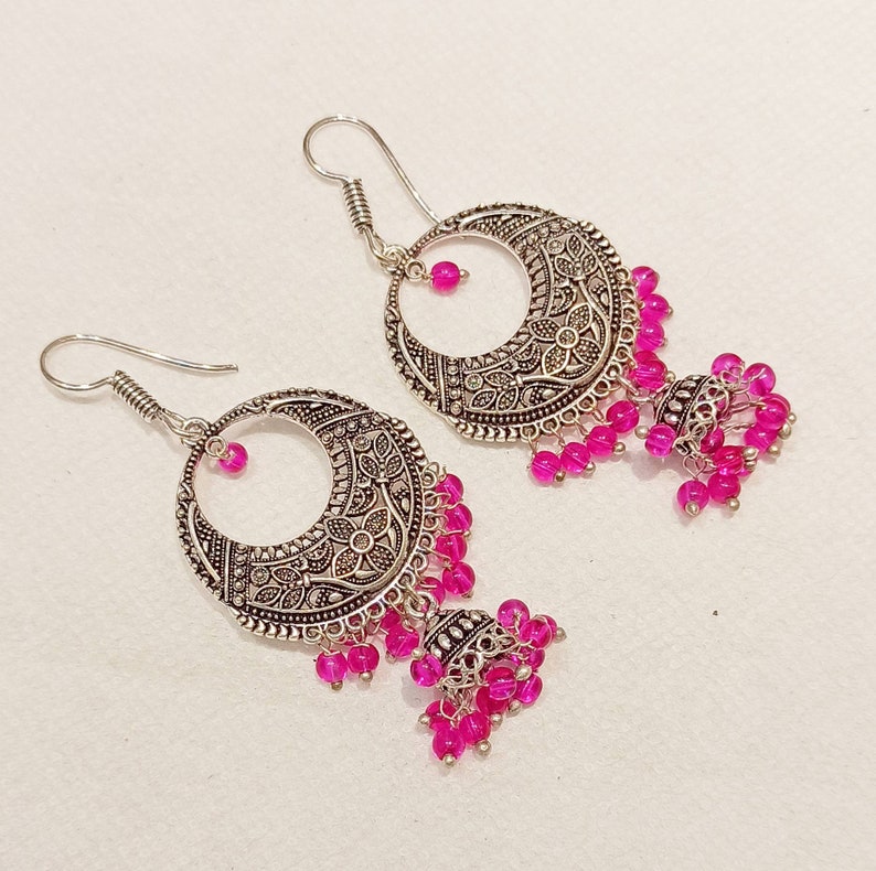 Jhumkas Earrings Bollywood Oxidized Earrings,Pink Beads Indian Oxidized Jhumkas Earrings,Ethnic Earrings,Oxidized Earrings