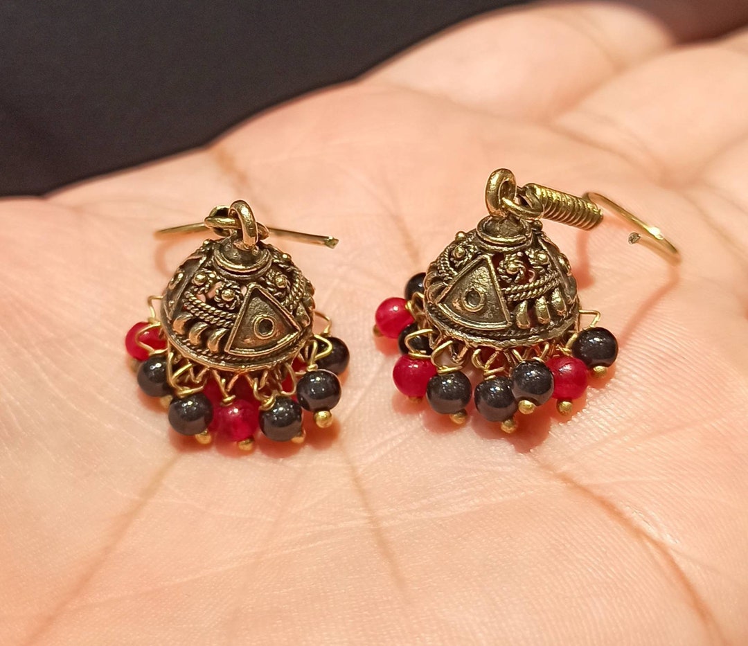 Small Golden Copper Jhumkas Earrings, Redblack Colour Beads Jhumkas