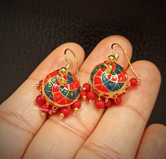 Handmade Meenakari Jhumka Earrings: Traditional Enamel Indian Jewelry