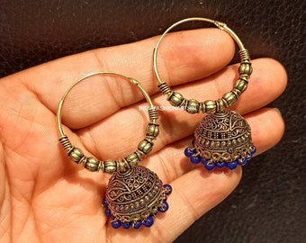 Handmade Indian Jhumki Hoop Earrings: Ethnic Chandbali with Blue Beads