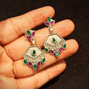 Boucles d&#39;oreilles tribales faites main en argent 925/Zircone cubique Boucles d&#39;oreilles indiennes faites main/Boucles d&#39;oreilles indiennes ethniques en argent